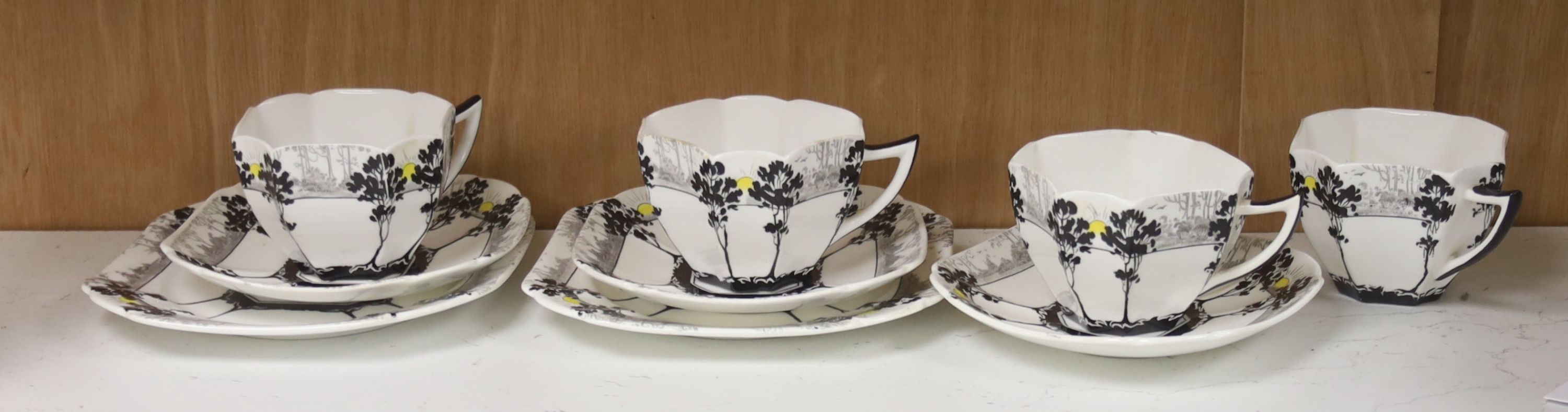 A Shelley Art Deco 'Sunrise and Tall Trees' pattern tea set
